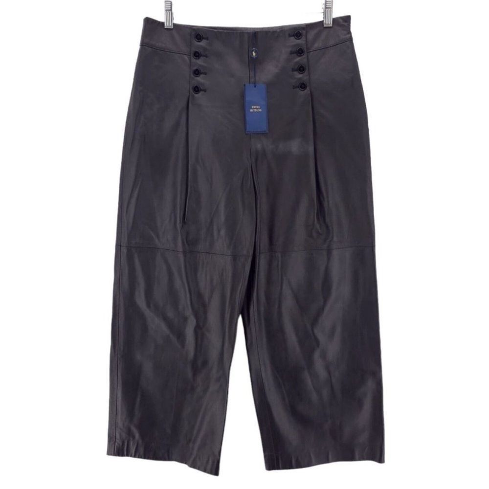 Polo Ralph Lauren Black 100% Lambskin Leather Sailor Pant Wide Leg Crop Size 10